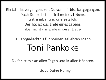 Anzeige von Toni Pankoke von Kölner Stadt-Anzeiger / Kölnische Rundschau / Express