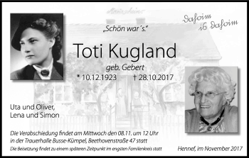 Anzeige von Toti Kugland von Kölner Stadt-Anzeiger / Kölnische Rundschau / Express