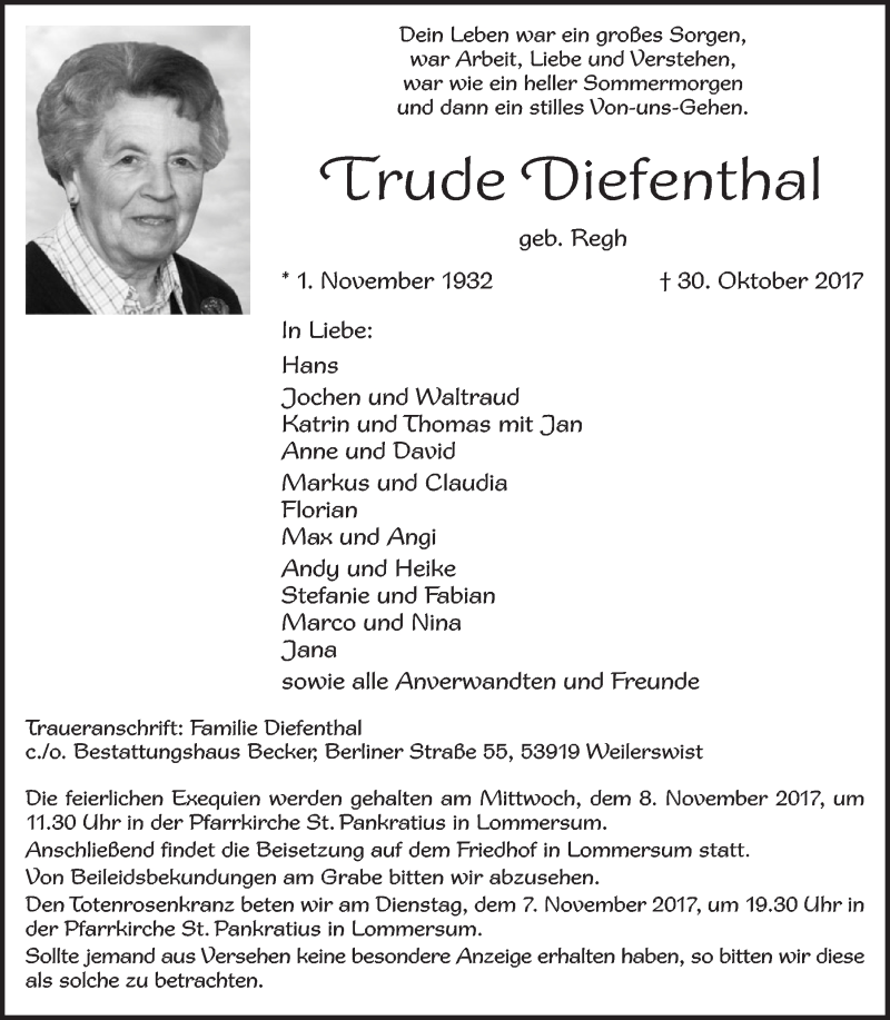  Traueranzeige für Trude Diefenthal vom 04.11.2017 aus  Blickpunkt Euskirchen 