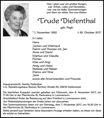 Anzeige von Trude Diefenthal von Kölner Stadt-Anzeiger / Kölnische Rundschau / Express