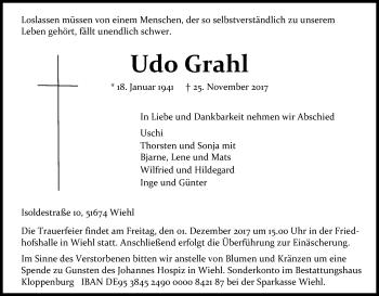 Anzeige von Udo Grahl von Kölner Stadt-Anzeiger / Kölnische Rundschau / Express