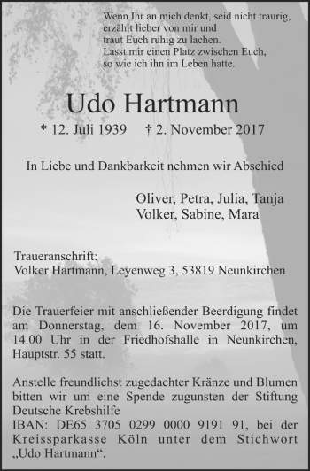 Anzeige von Udo Hartmann von  Rhein-Sieg-Wochenende 