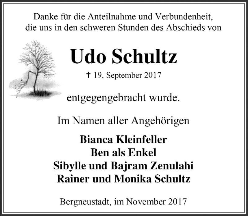  Traueranzeige für Udo Schultz vom 29.11.2017 aus  Anzeigen Echo 