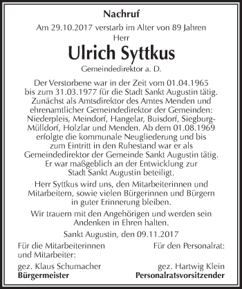 Anzeige von Ulrich Syttkus von  Extra Blatt 
