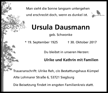 Anzeige von Ursula Dausmann von Kölner Stadt-Anzeiger / Kölnische Rundschau / Express