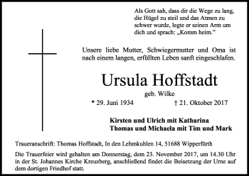Anzeige von Ursula Hoffstadt von Kölner Stadt-Anzeiger / Kölnische Rundschau / Express