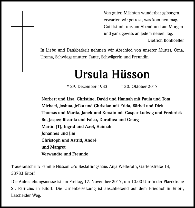  Traueranzeige für Ursula Hüsson vom 11.11.2017 aus Kölner Stadt-Anzeiger / Kölnische Rundschau / Express