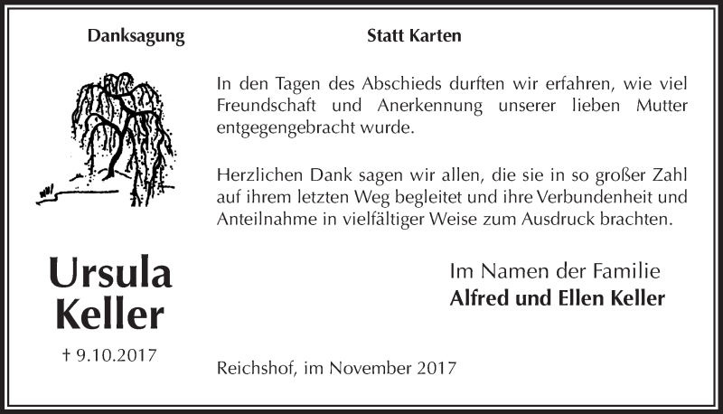  Traueranzeige für Ursula Keller vom 22.11.2017 aus  Anzeigen Echo 
