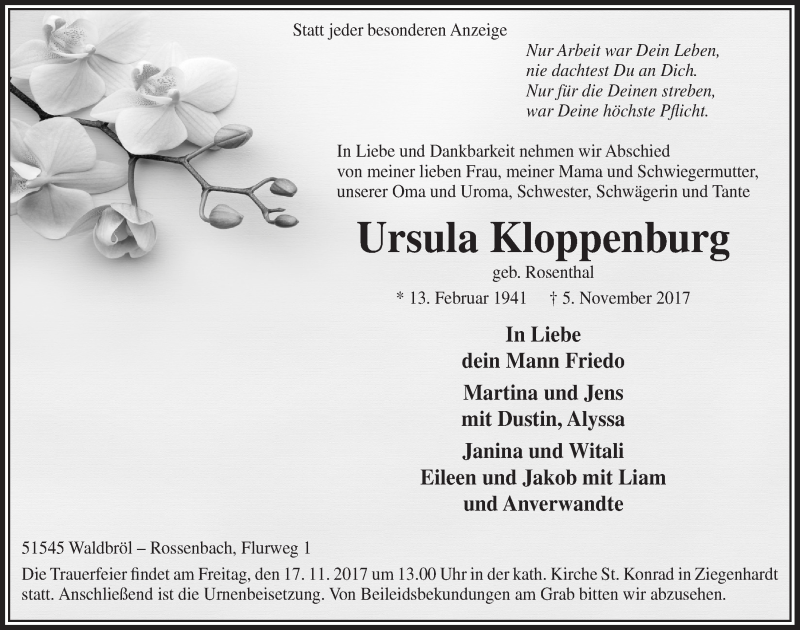 Traueranzeige für Ursula Kloppenburg vom 15.11.2017 aus  Lokalanzeiger 