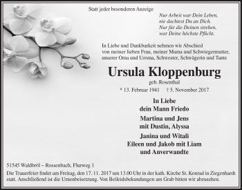 Anzeige von Ursula Kloppenburg von  Lokalanzeiger 
