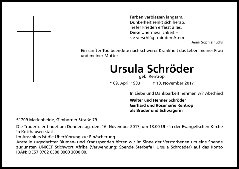  Traueranzeige für Ursula Schröder vom 14.11.2017 aus Kölner Stadt-Anzeiger / Kölnische Rundschau / Express