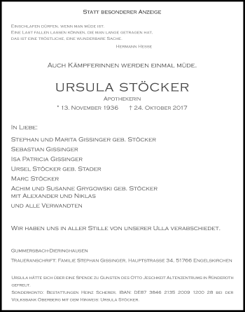 Anzeige von Ursula Stöcker von Kölner Stadt-Anzeiger / Kölnische Rundschau / Express