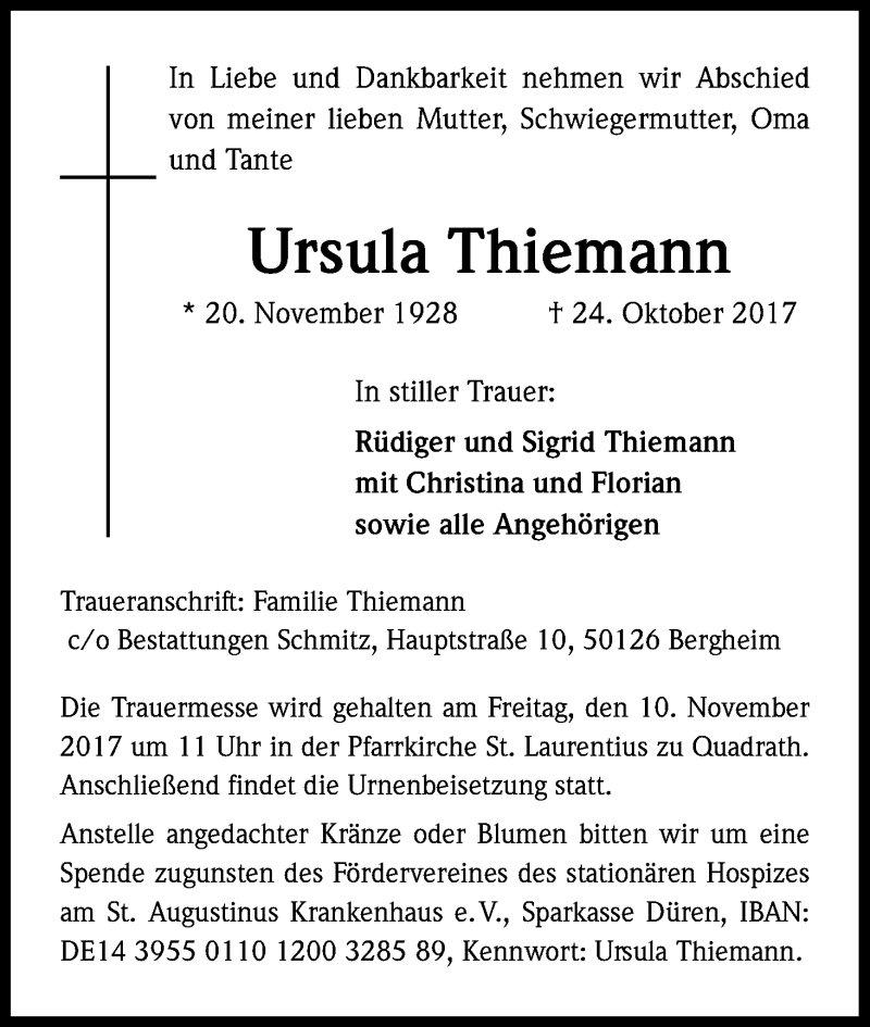  Traueranzeige für Ursula Thiemann vom 04.11.2017 aus Kölner Stadt-Anzeiger / Kölnische Rundschau / Express