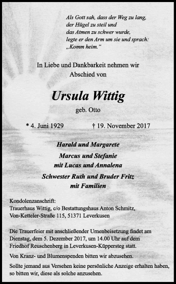 Anzeige von Ursula Wittig von Kölner Stadt-Anzeiger / Kölnische Rundschau / Express