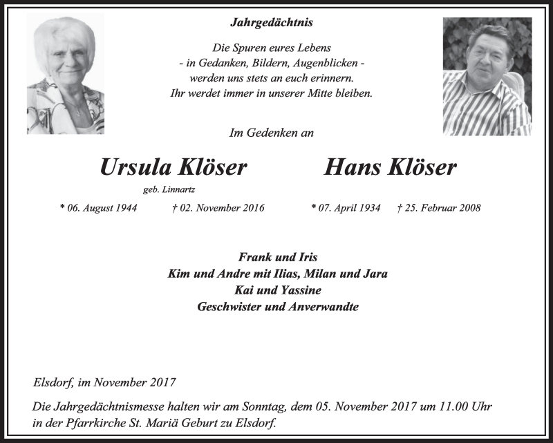  Traueranzeige für Ursula und Hans Klöser vom 04.11.2017 aus  Sonntags-Post 