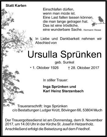 Anzeige von Ursulla Sprünken von Kölner Stadt-Anzeiger / Kölnische Rundschau / Express