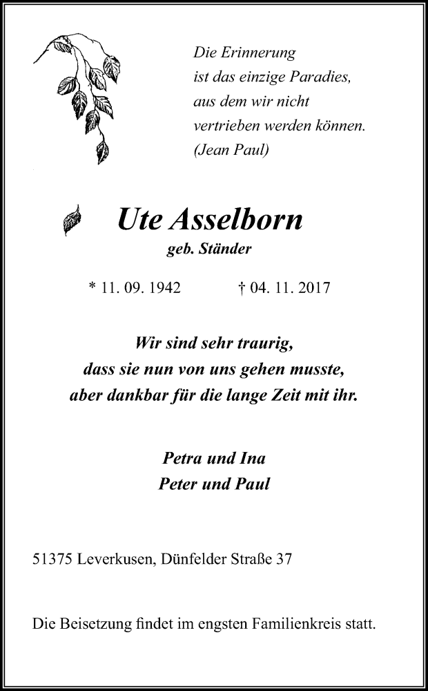  Traueranzeige für Ute Asselborn vom 11.11.2017 aus Kölner Stadt-Anzeiger / Kölnische Rundschau / Express