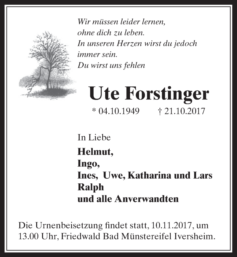  Traueranzeige für Ute Forstfinger vom 08.11.2017 aus  Schaufenster/Blickpunkt 