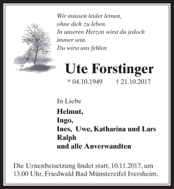 Anzeige von Ute Forstfinger von  Schaufenster/Blickpunkt 