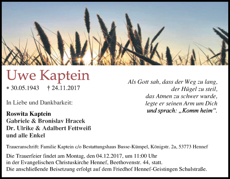  Traueranzeige für Uwe Kaptein vom 30.11.2017 aus Kölner Stadt-Anzeiger / Kölnische Rundschau / Express