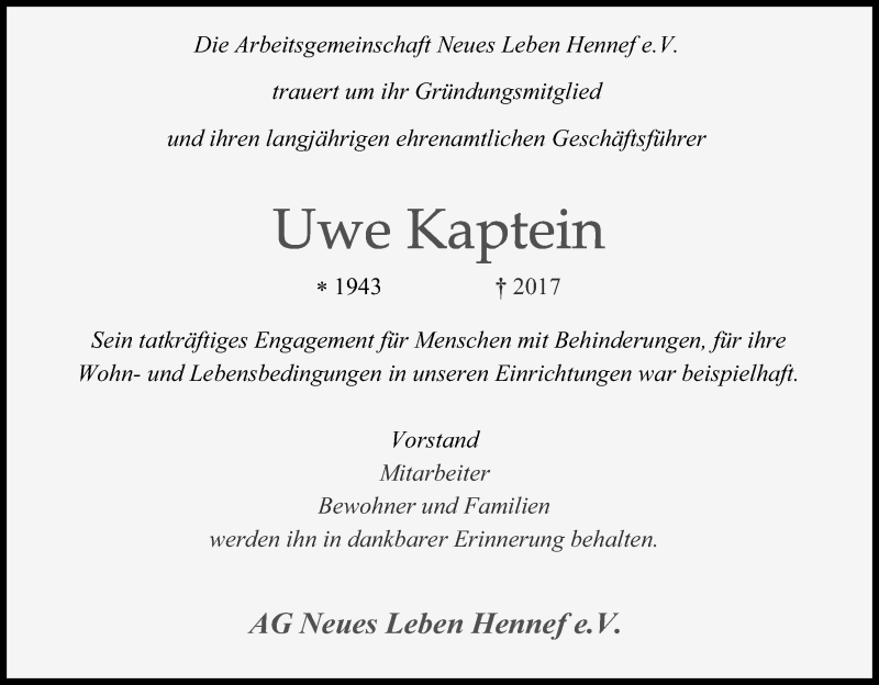  Traueranzeige für Uwe Kaptein vom 30.11.2017 aus Kölner Stadt-Anzeiger / Kölnische Rundschau / Express