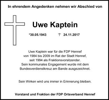 Anzeige von Uwe Kaptein von Kölner Stadt-Anzeiger / Kölnische Rundschau / Express