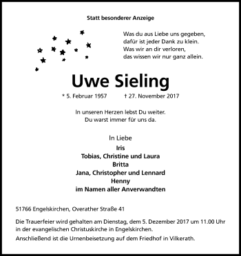 Anzeige von Uwe Sieling von Kölner Stadt-Anzeiger / Kölnische Rundschau / Express