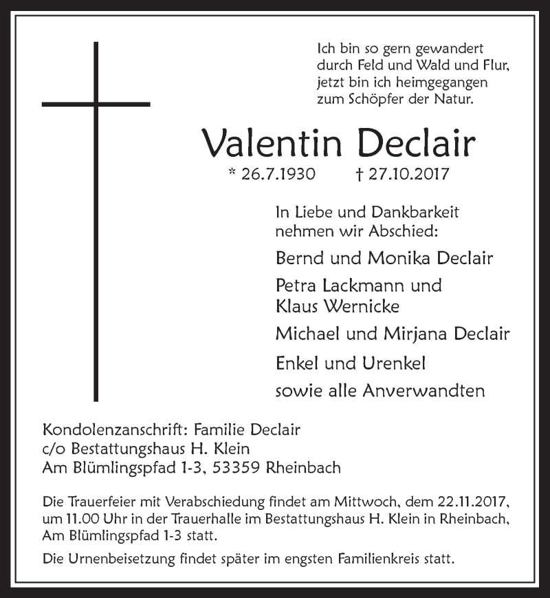  Traueranzeige für Valentin Declair vom 15.11.2017 aus  Schaufenster/Blickpunkt 