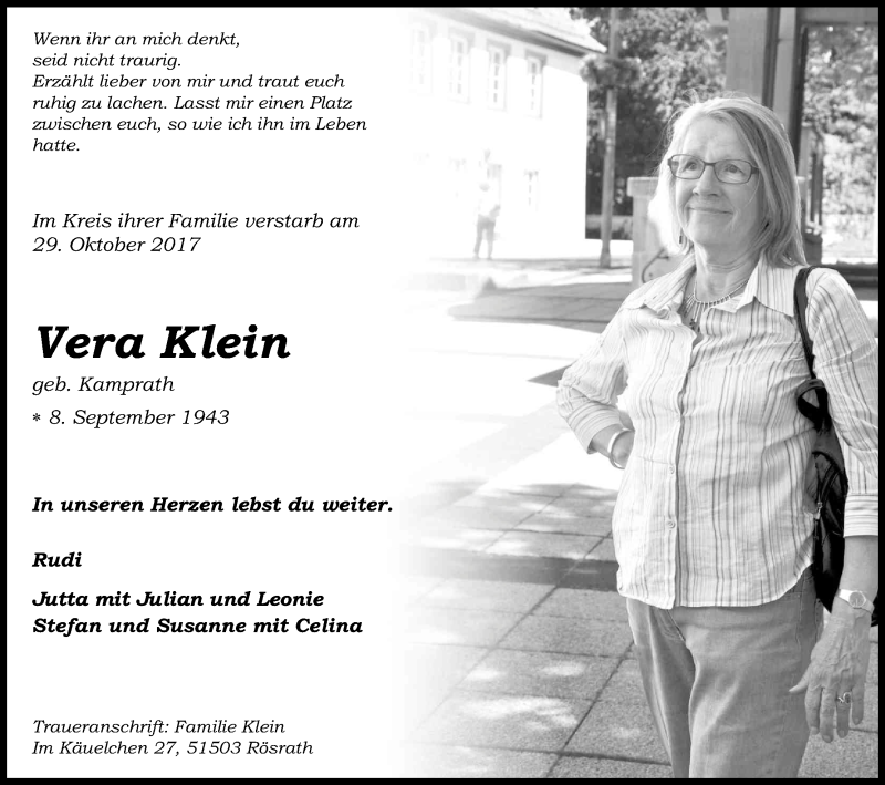  Traueranzeige für Vera Klein vom 11.11.2017 aus Kölner Stadt-Anzeiger / Kölnische Rundschau / Express