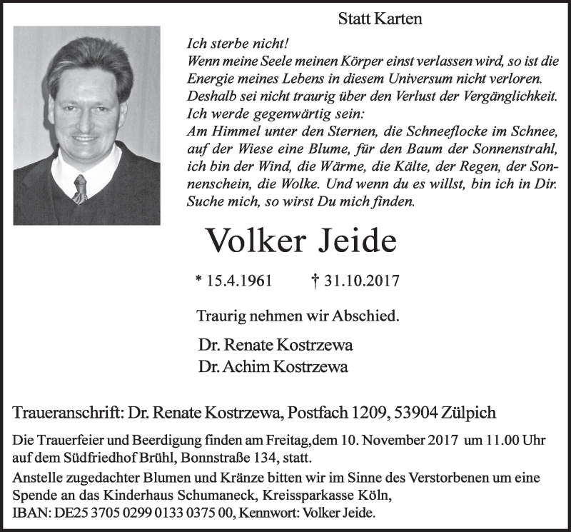  Traueranzeige für Volker Jeide vom 08.11.2017 aus  Schlossbote/Werbekurier 