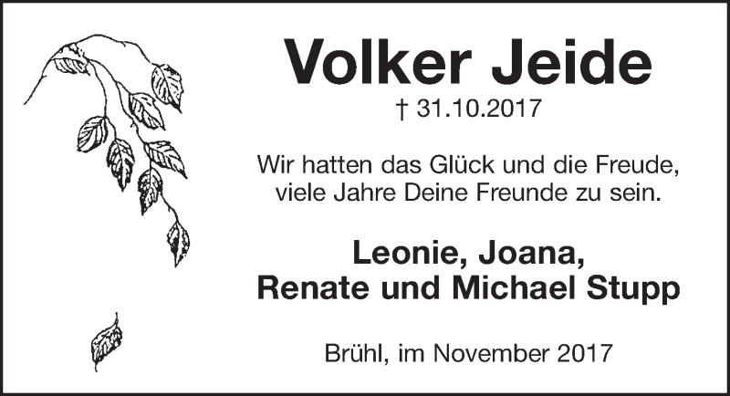  Traueranzeige für Volker Jeide vom 08.11.2017 aus  Schlossbote/Werbekurier 