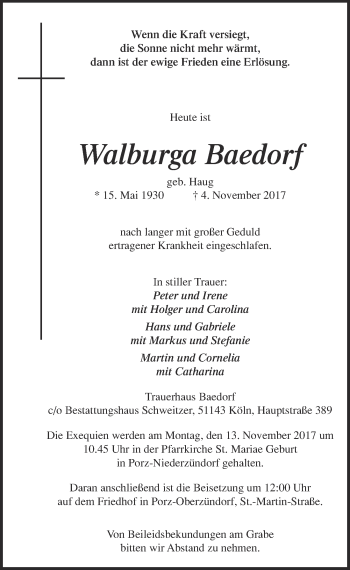 Anzeige von Walburga Baedorf von  Kölner Wochenspiegel 