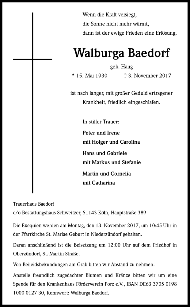  Traueranzeige für Walburga Baedorf vom 11.11.2017 aus Kölner Stadt-Anzeiger / Kölnische Rundschau / Express