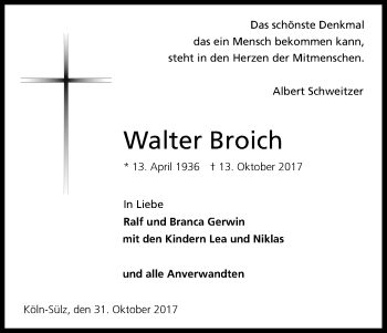 Anzeige von Walter Broich von Kölner Stadt-Anzeiger / Kölnische Rundschau / Express