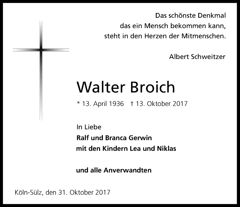  Traueranzeige für Walter Broich vom 04.11.2017 aus Kölner Stadt-Anzeiger / Kölnische Rundschau / Express