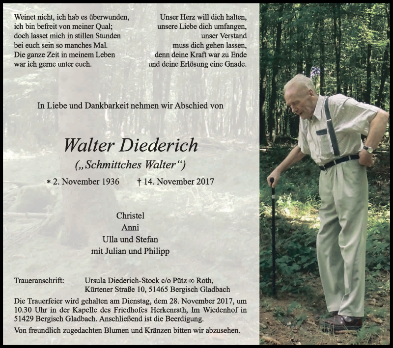  Traueranzeige für Walter Diederich vom 22.11.2017 aus Kölner Stadt-Anzeiger / Kölnische Rundschau / Express