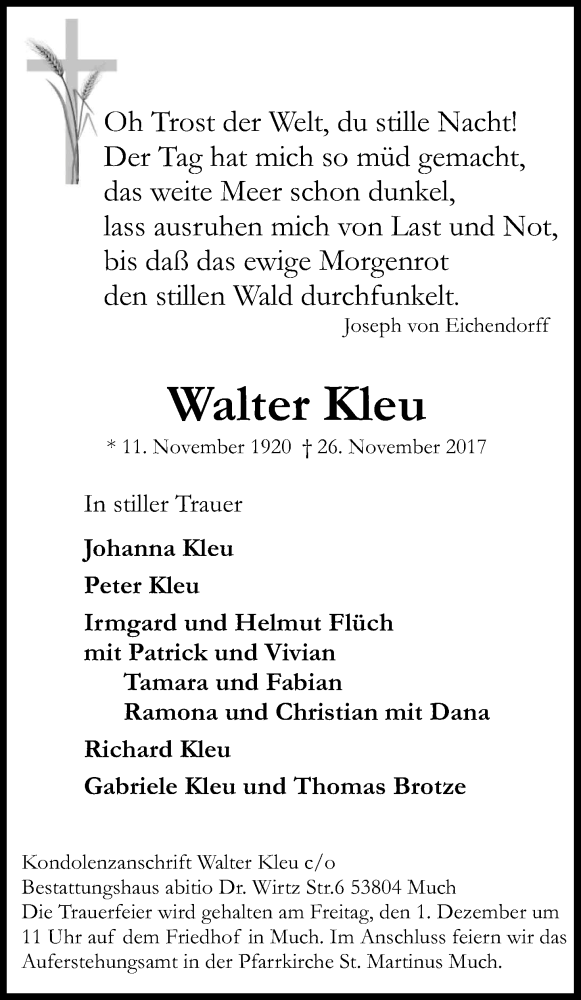  Traueranzeige für Walter Kleu vom 29.11.2017 aus Kölner Stadt-Anzeiger / Kölnische Rundschau / Express