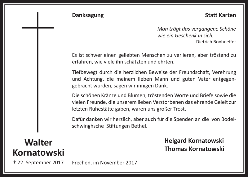  Traueranzeige für Walter Kornatowski vom 15.11.2017 aus  Wochenende 