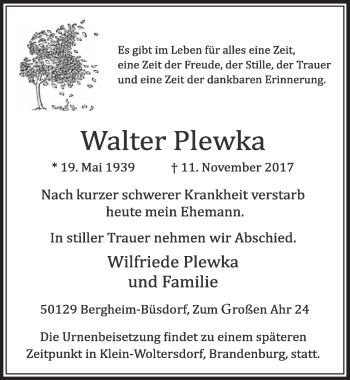 Anzeige von Walter Plewka von  Sonntags-Post 