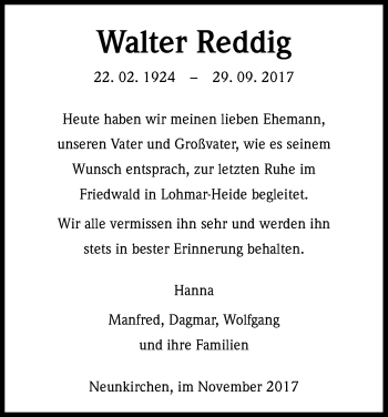 Anzeige von Walter Reddig von Kölner Stadt-Anzeiger / Kölnische Rundschau / Express