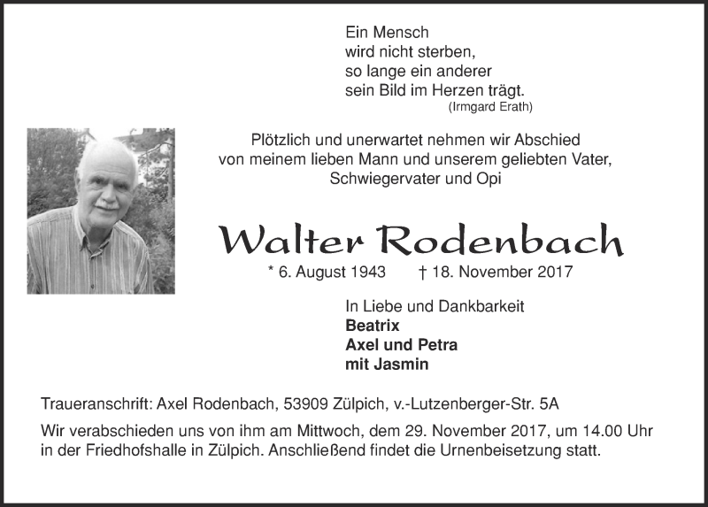  Traueranzeige für Walter Rodenbach vom 25.11.2017 aus  Blickpunkt Euskirchen 