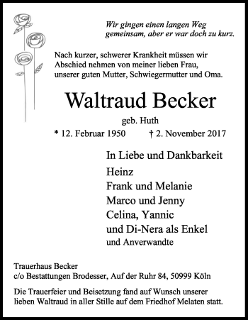 Anzeige von Waltraud Becker von Kölner Stadt-Anzeiger / Kölnische Rundschau / Express
