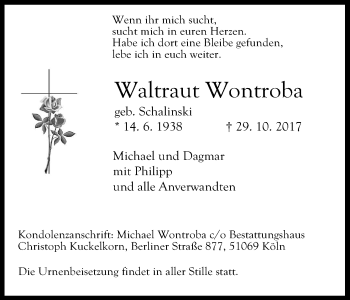 Anzeige von Waltraut Wontroba von Kölner Stadt-Anzeiger / Kölnische Rundschau / Express