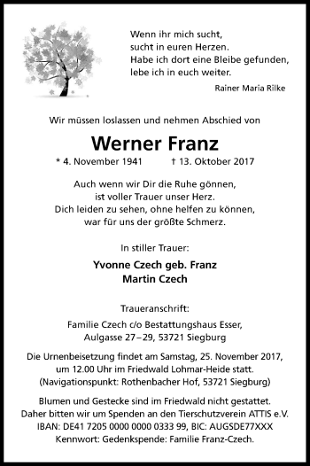 Anzeige von Werner Franz von Kölner Stadt-Anzeiger / Kölnische Rundschau / Express