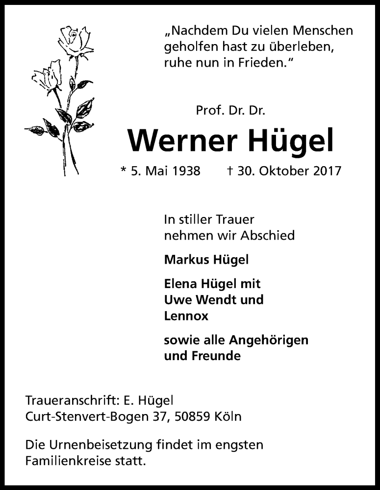  Traueranzeige für Werner Hügel vom 04.11.2017 aus Kölner Stadt-Anzeiger / Kölnische Rundschau / Express