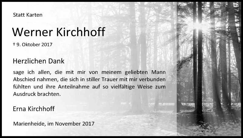  Traueranzeige für Werner Kirchhoff vom 10.11.2017 aus Kölner Stadt-Anzeiger / Kölnische Rundschau / Express