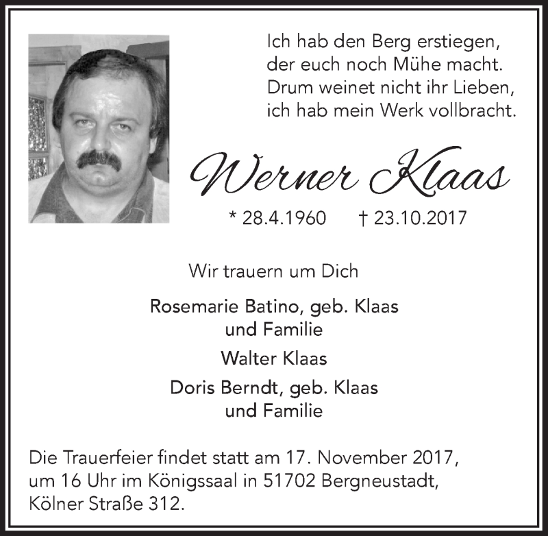  Traueranzeige für Werner Klaas vom 15.11.2017 aus  Anzeigen Echo 