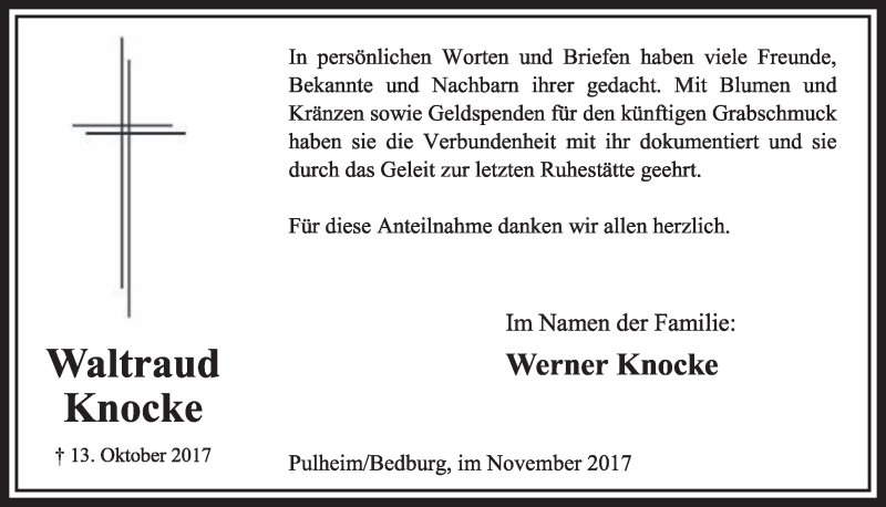  Traueranzeige für Werner Knocke vom 11.11.2017 aus  Sonntags-Post 