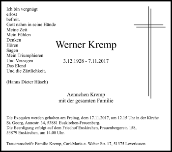 Anzeige von Werner Kremp von Kölner Stadt-Anzeiger / Kölnische Rundschau / Express