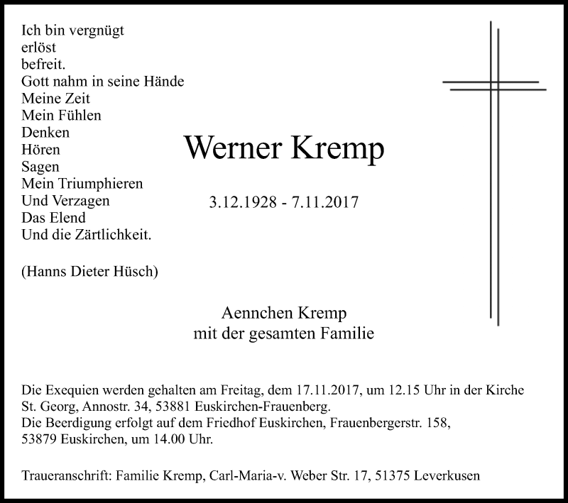  Traueranzeige für Werner Kremp vom 11.11.2017 aus Kölner Stadt-Anzeiger / Kölnische Rundschau / Express